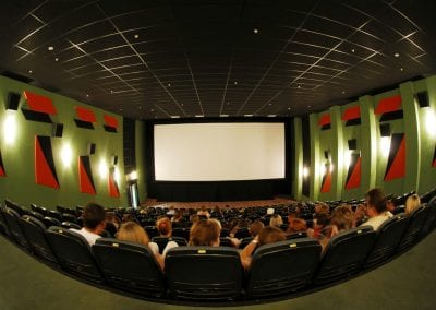 shot of a movie theatre from the back row using fish eye lens