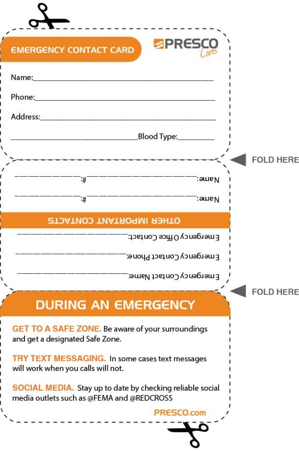 Emergency Contact Card Presco Safety Marking Products and